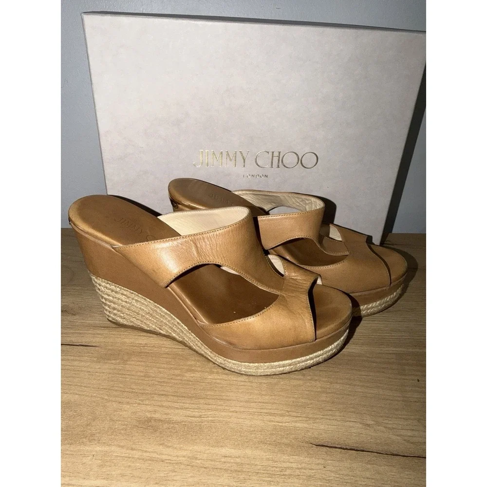 Jimmy Choo Beige Tan Nude Vachette Leather Espadrille Platform Pledge Sandals 37